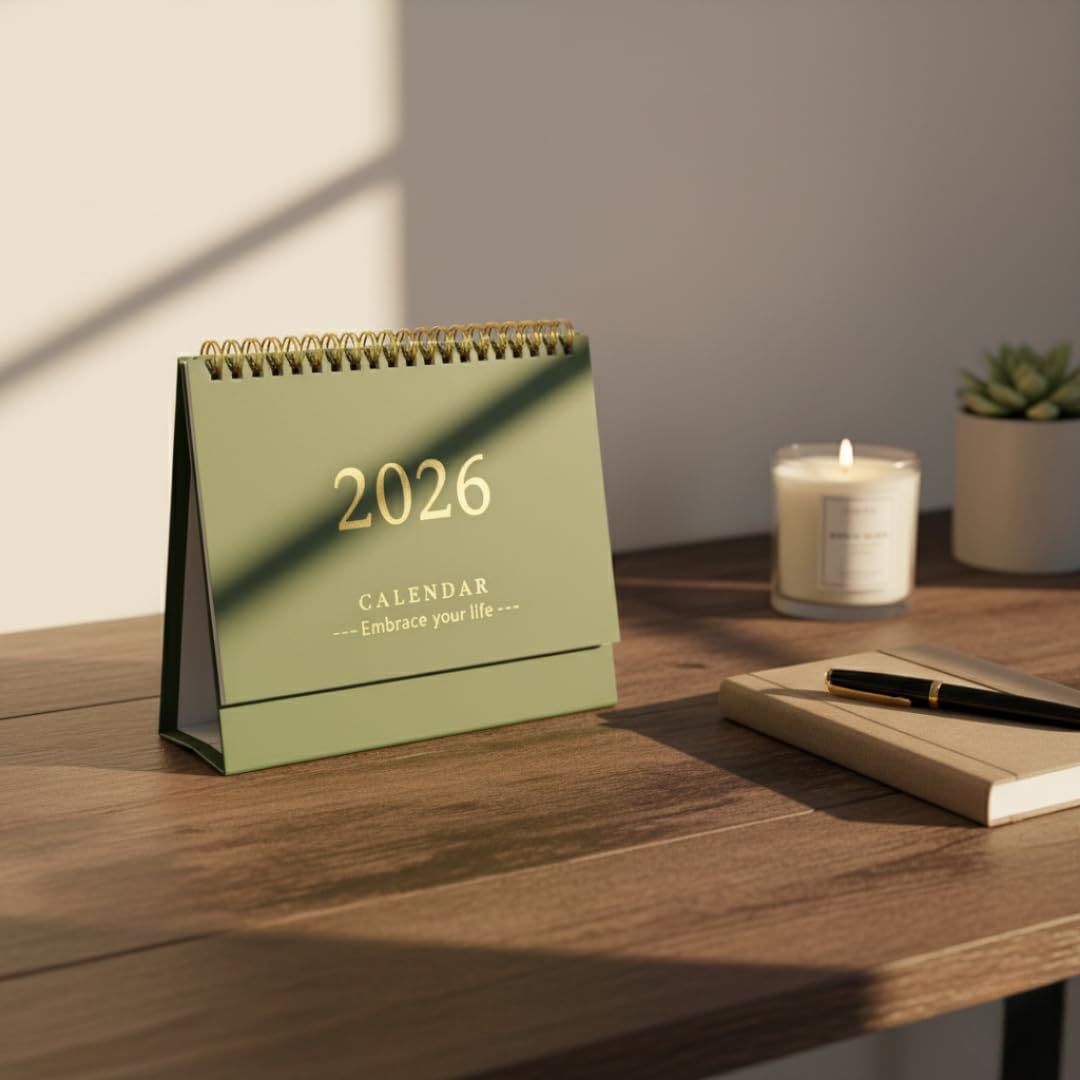 2026 Desk Calendar – 18-Month Flip Planner (Green & White)
