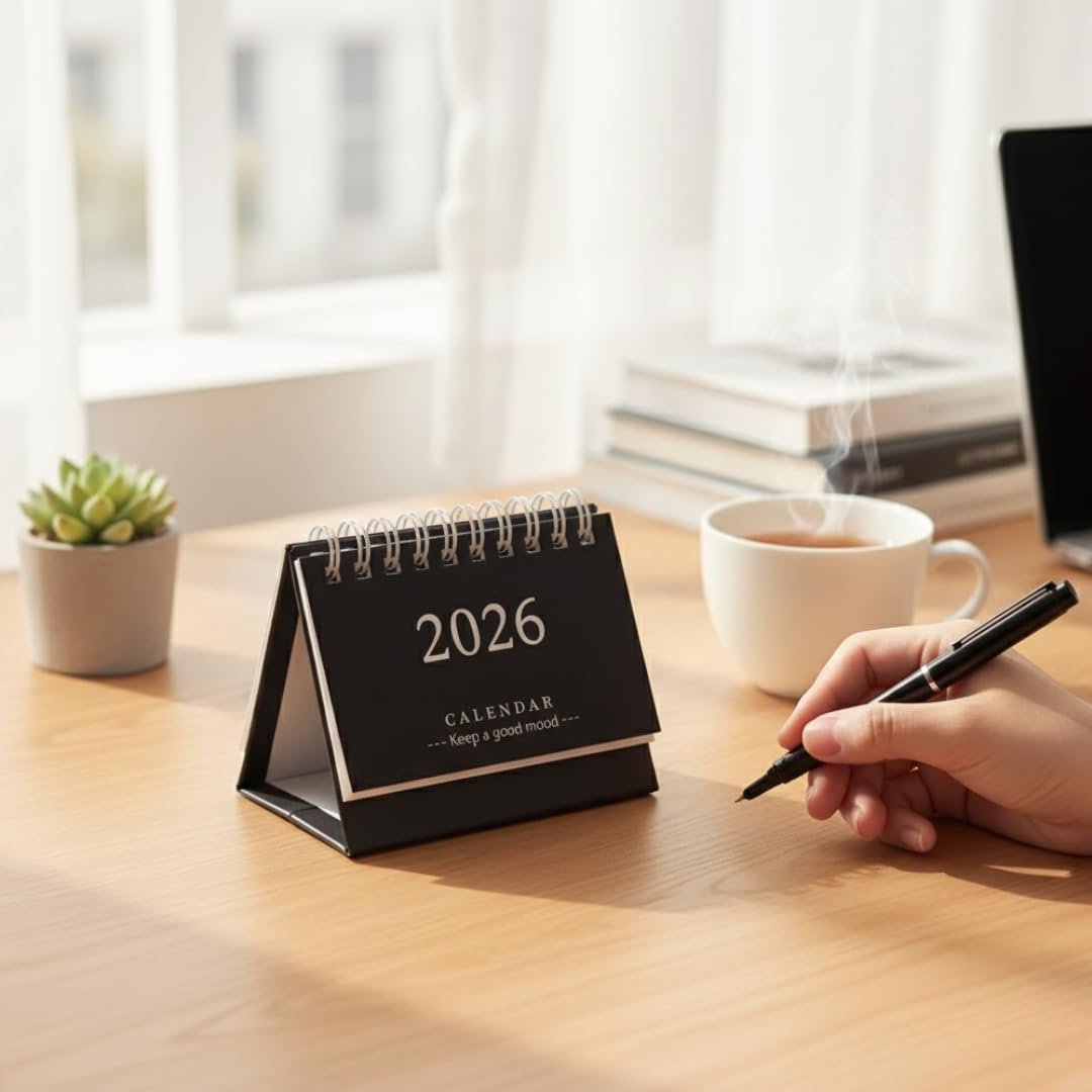2026 Mini Desk Calendar – 12-Month Flip Planner (Black & White)