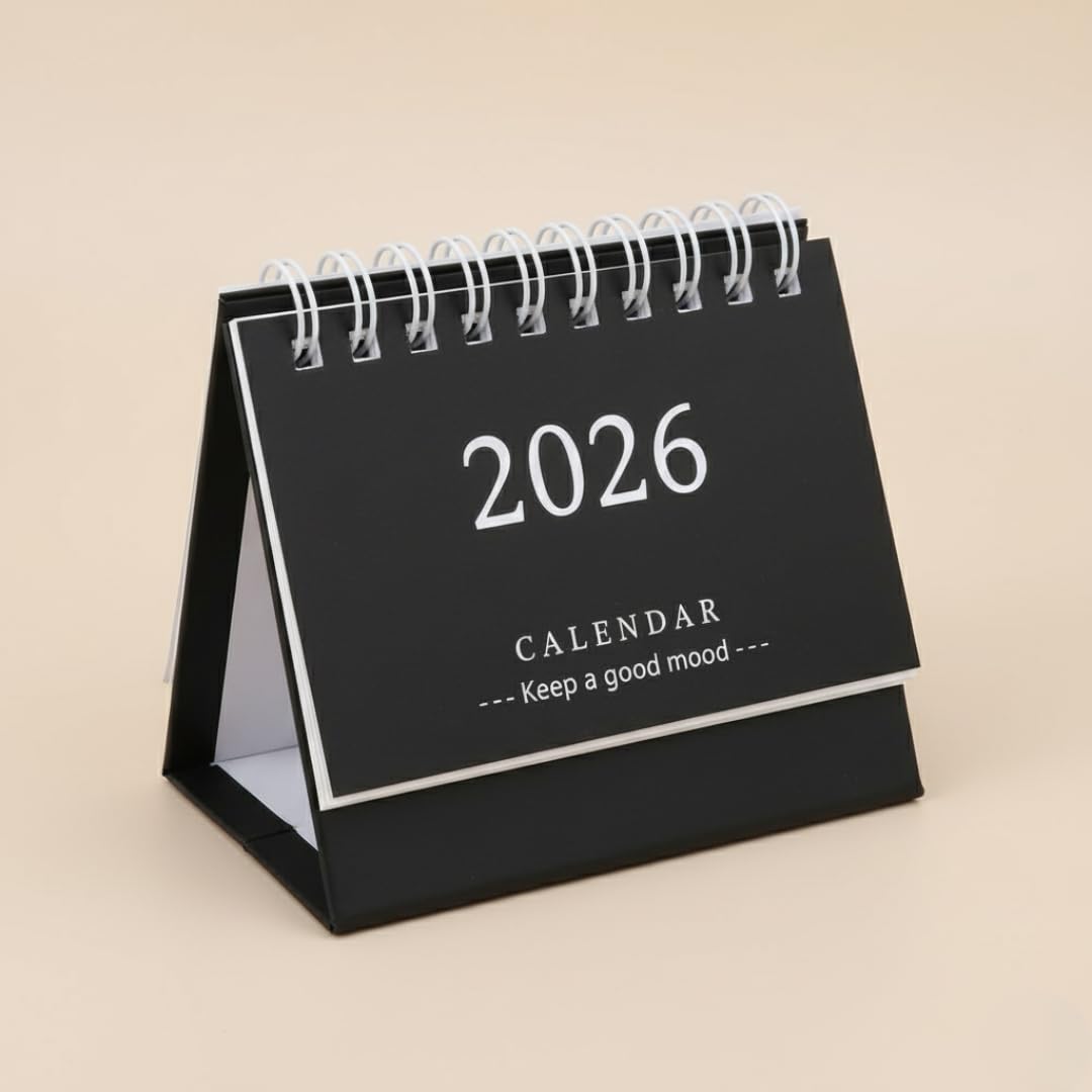 2026 Mini Desk Calendar – 12-Month Flip Planner (Black & White)