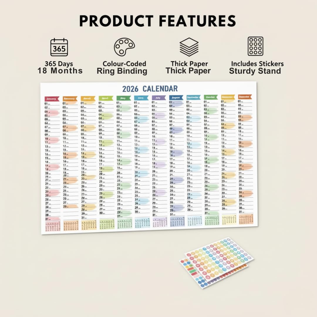 2026 Wall Calendar – Colourful Vertical Year Planner with Stickers