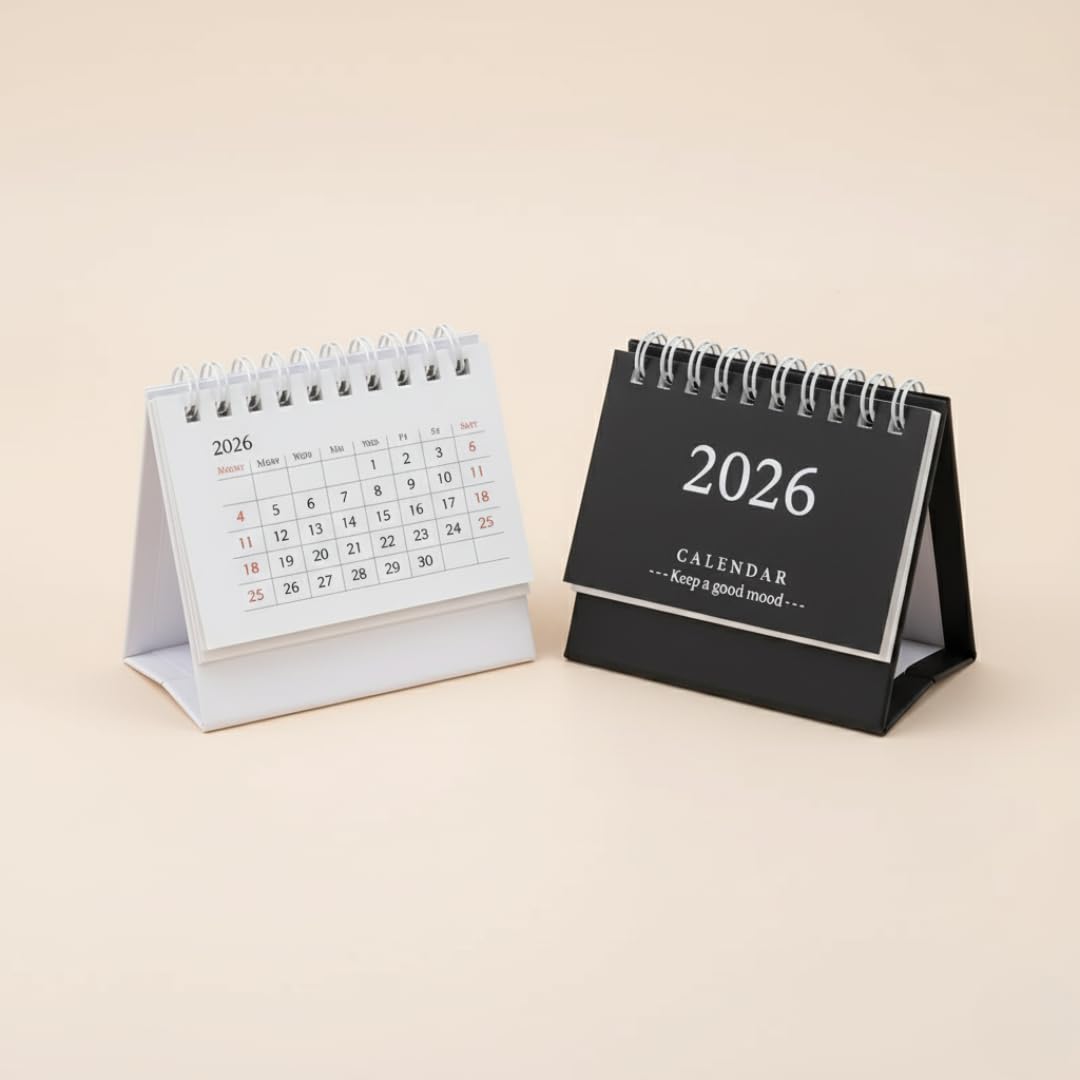 2026 Mini Desk Calendar – 12-Month Flip Planner (Black & White)