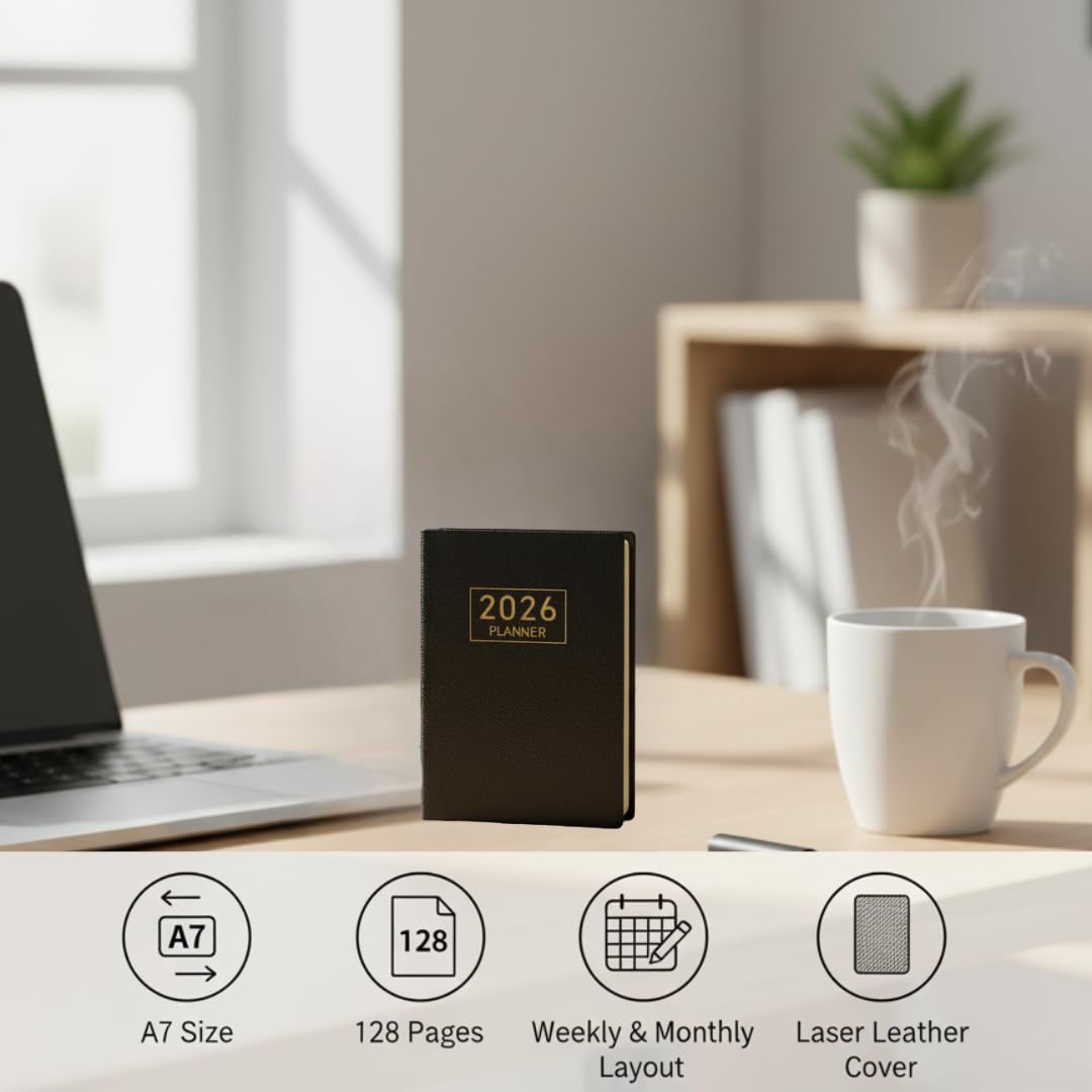 2026 Pocket Planner – Mini Weekly Leather Diary (Star Black)
