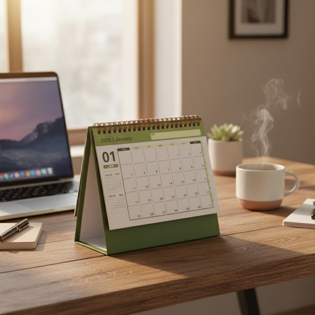 2026 Desk Calendar – 18-Month Flip Planner (Green & White)