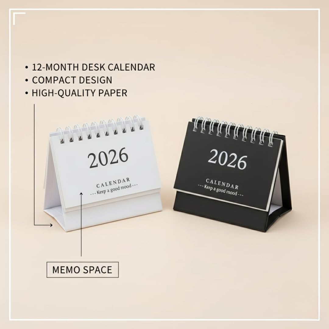 2026 Mini Desk Calendar – 12-Month Flip Planner (Black & White)
