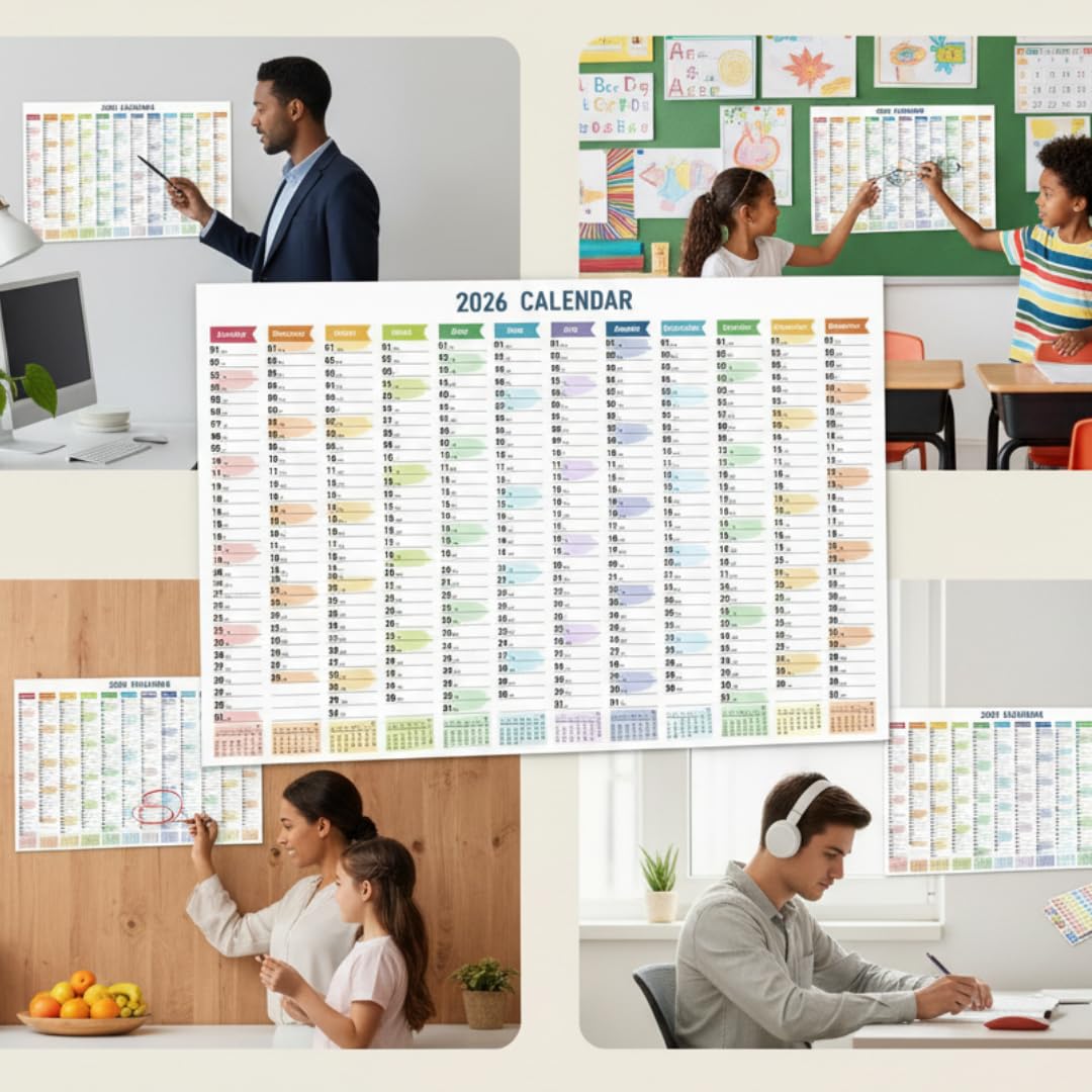 2026 Wall Calendar – Colourful Vertical Year Planner with Stickers