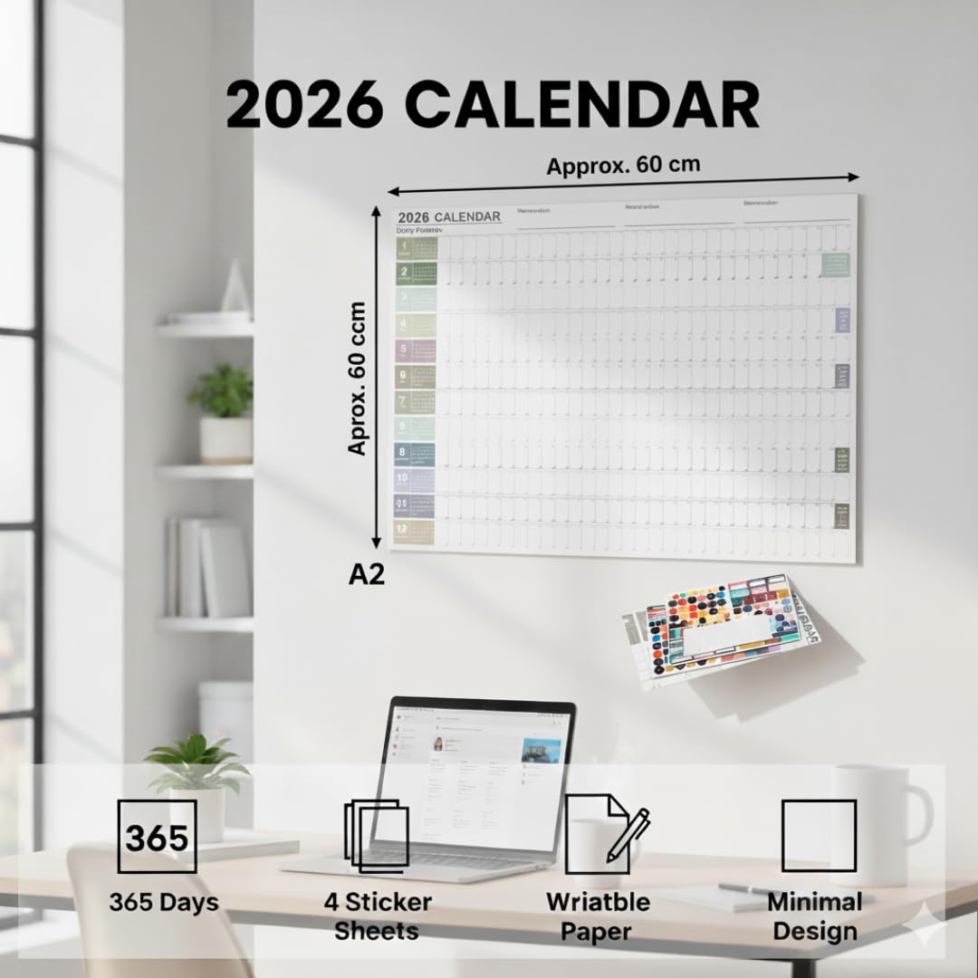 2026 Wall Planner – Morandi Full-Year Calendar with Stickers