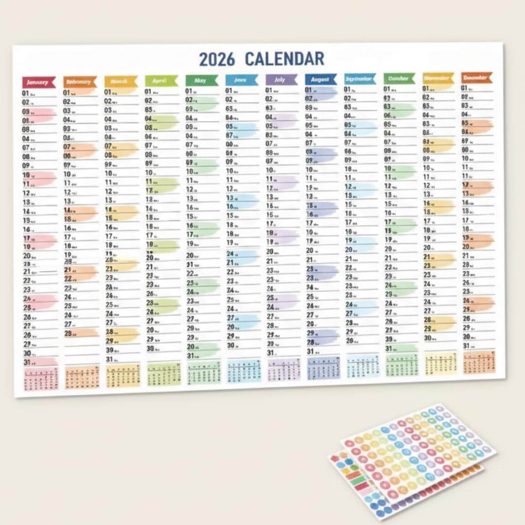 2026 Wall Calendar – Colourful Vertical Year Planner with Stickers