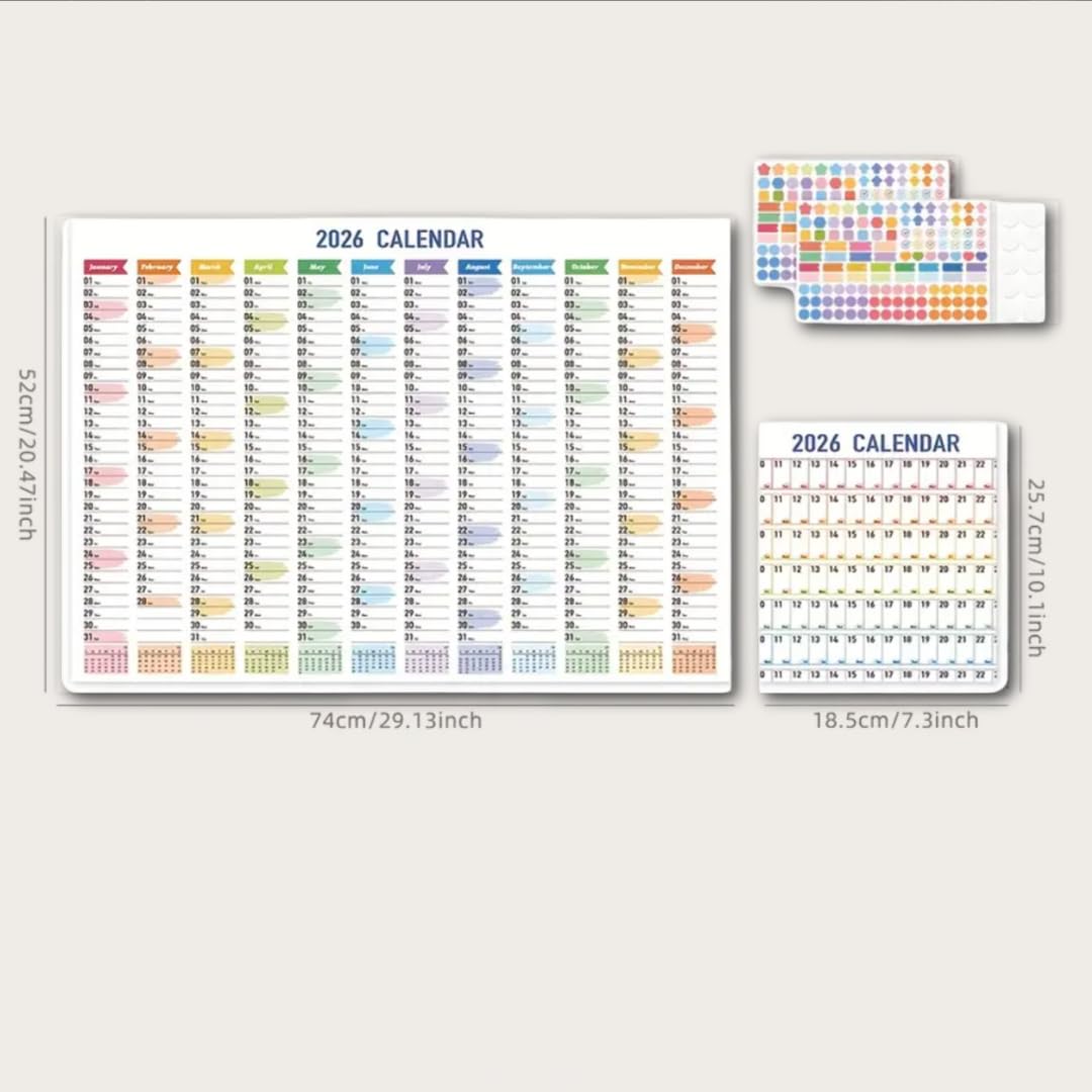2026 Wall Calendar – Colourful Vertical Year Planner with Stickers