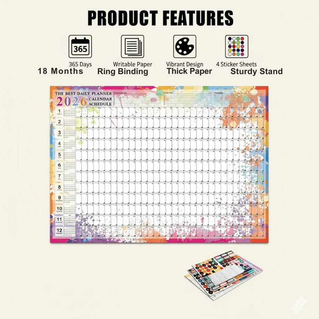 2026 Wall Planner – Colourful Full-Year Organiser with Stickers