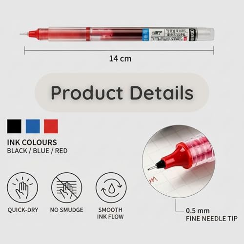 Mazo Moon 3-Pack 0.5mm Needle Tip Gel Pens Writing Pens Black, Blue, Red