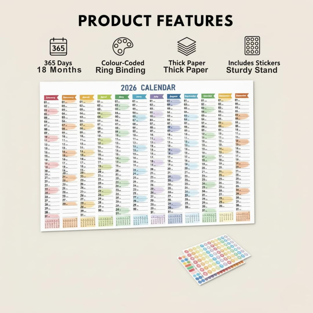 2026 Wall Calendar – Colourful Vertical Year Planner with Stickers