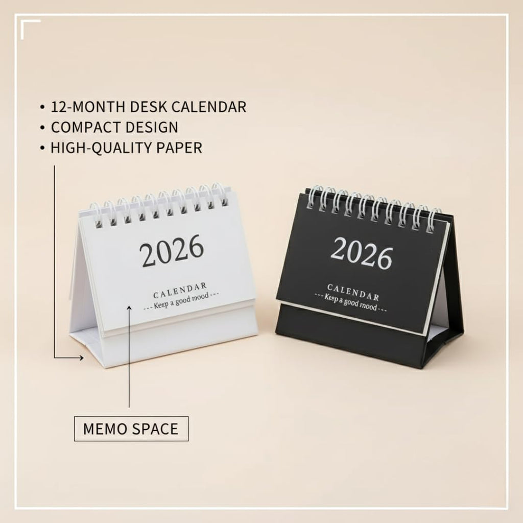 2026 Mini Desk Calendar – 12-Month Flip Planner (Black & White)