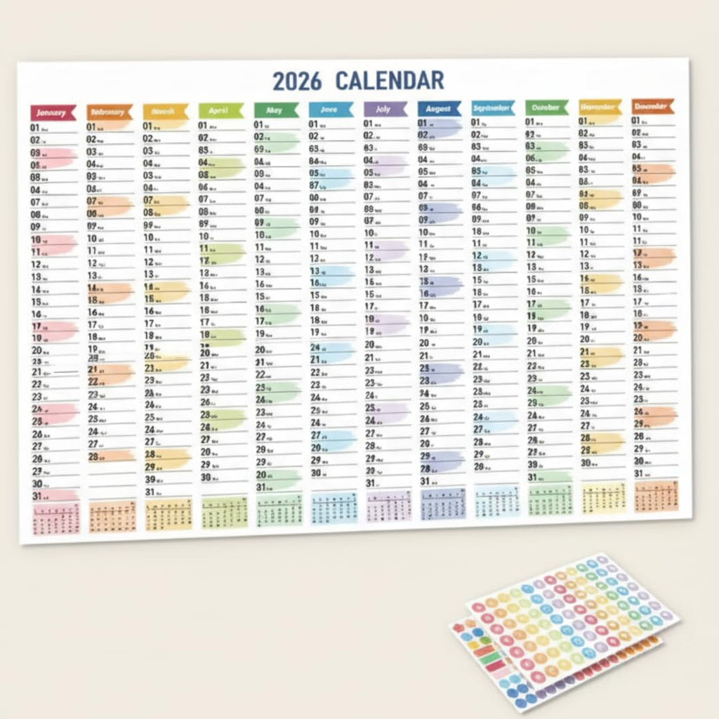 2026 Wall Calendar – Colourful Vertical Year Planner with Stickers