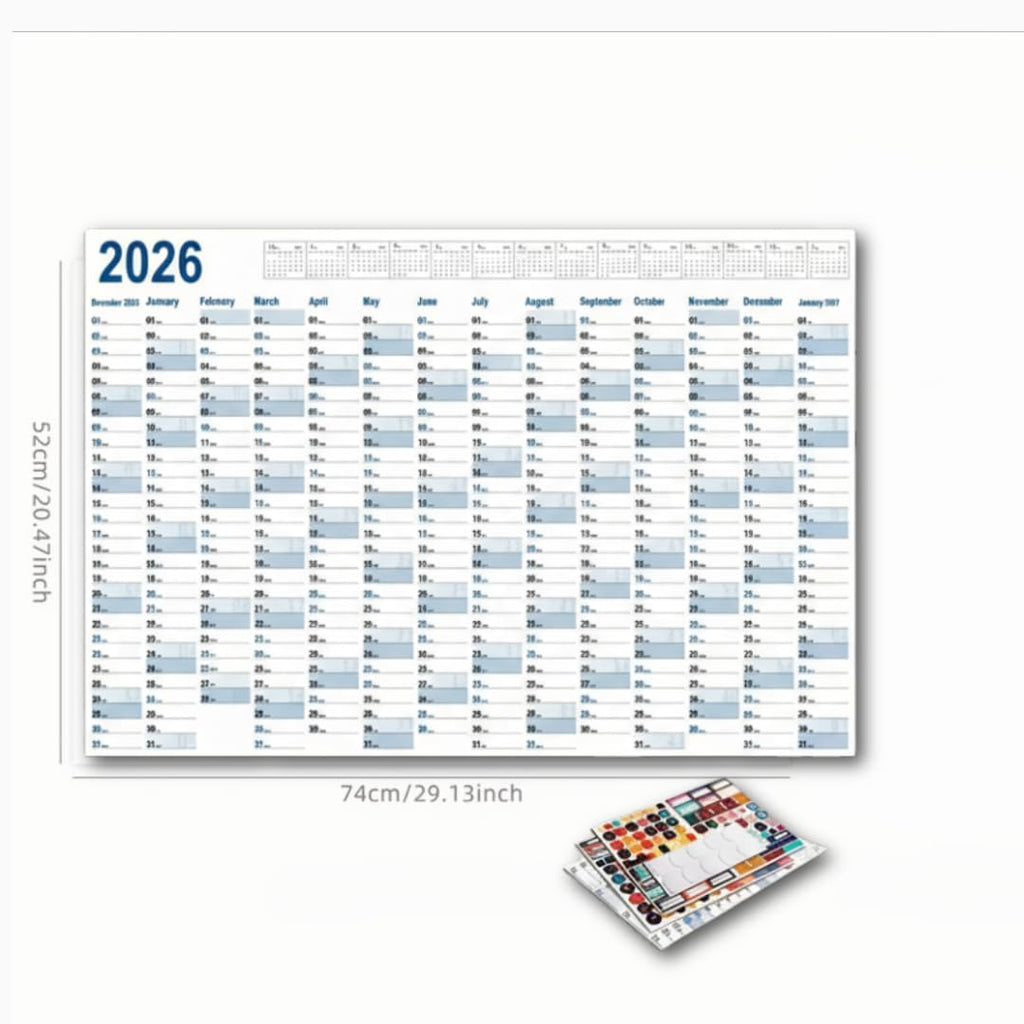 2026 Wall Planner – Blue Full-Year Calendar with Stickers